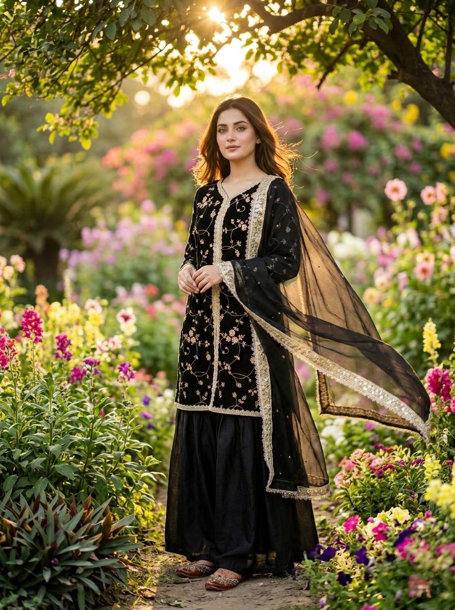 Designer Party Wear Fendi Silk Top, Plazzo & Dupatta Set
