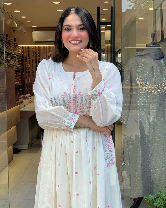 Designer Party Wear Mul Cotton Round Anarkali Gown Pant & Dupatta Set