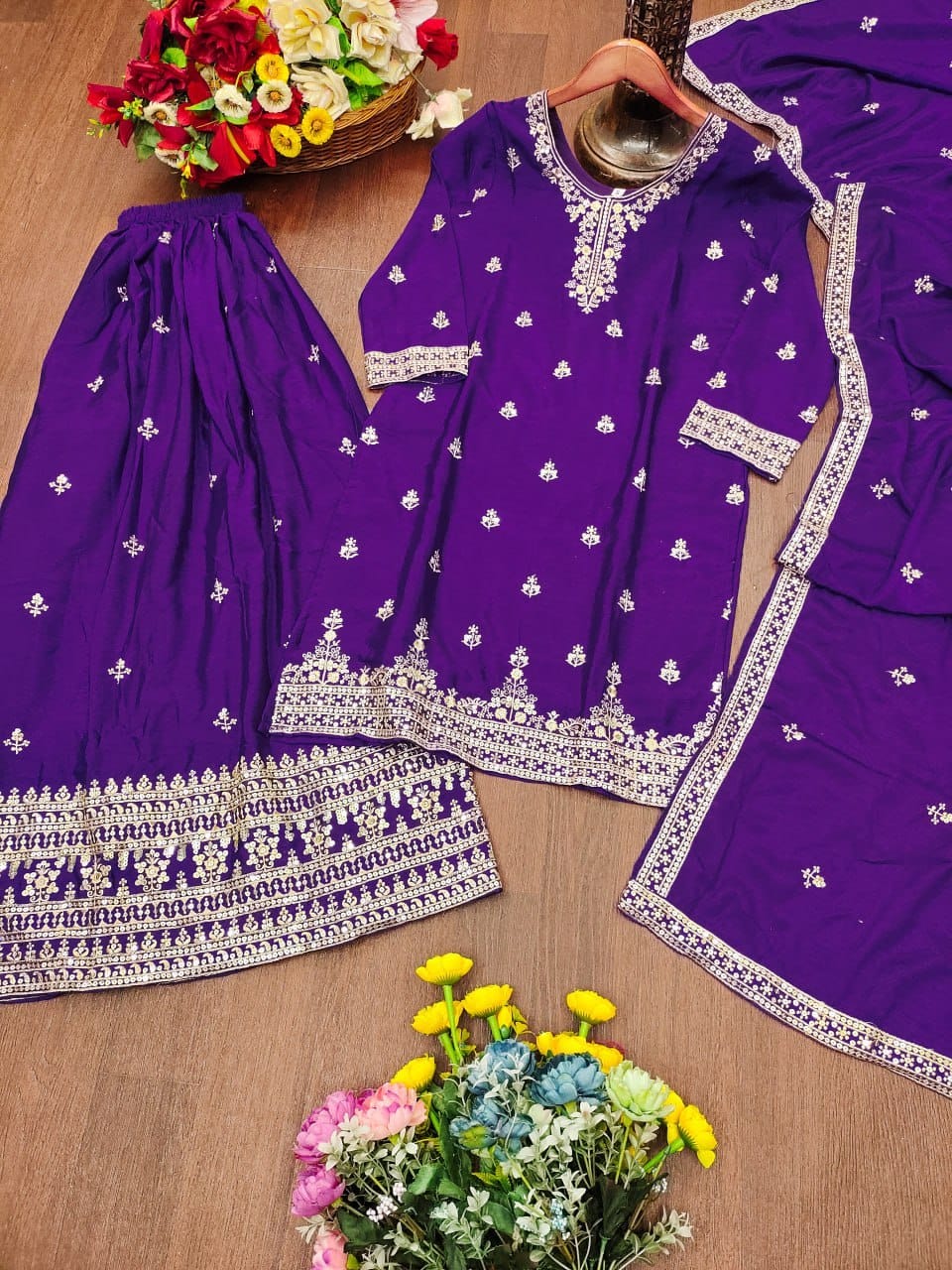 Premium Chinon Sequence Embroidered Sharara Suit Set | 4 Elegant Colors (Sizes S-XXL)