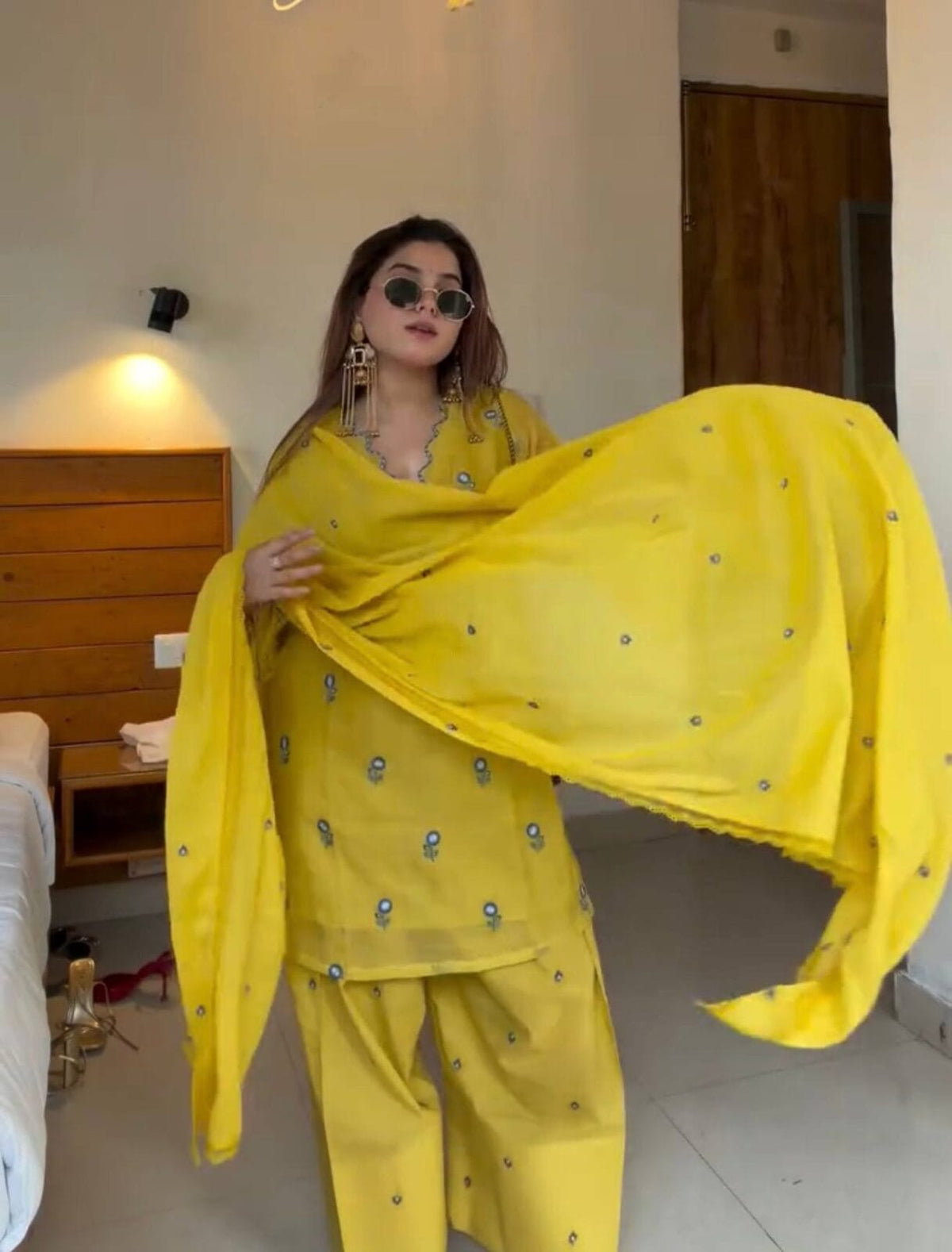 Pure Satin Mul Chanderi Embroidered Top with Roman Silk Farshi Palazzo & Dupatta Set