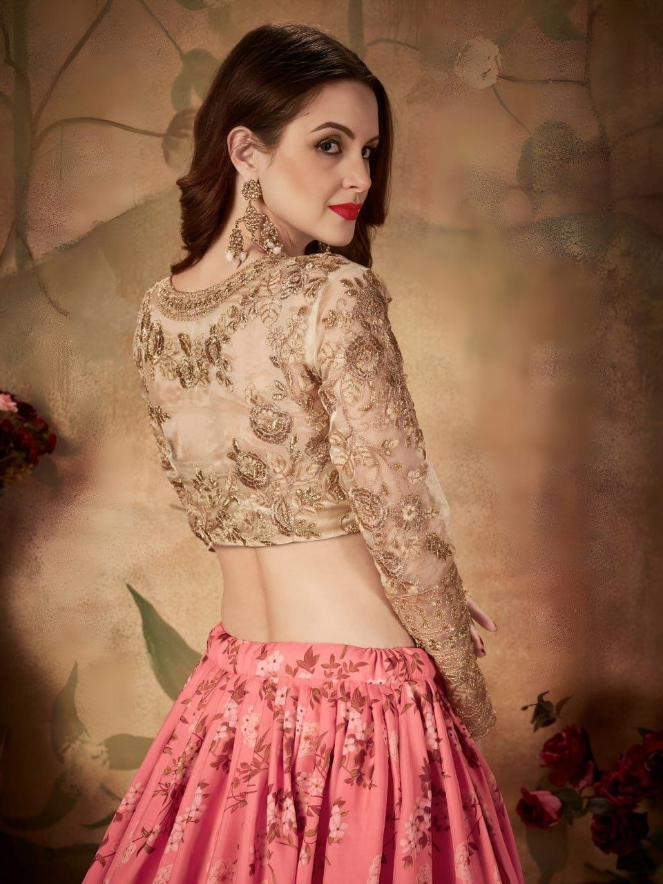Ivory Floral Lehenga Choli with Golden Embroidered Blouse
