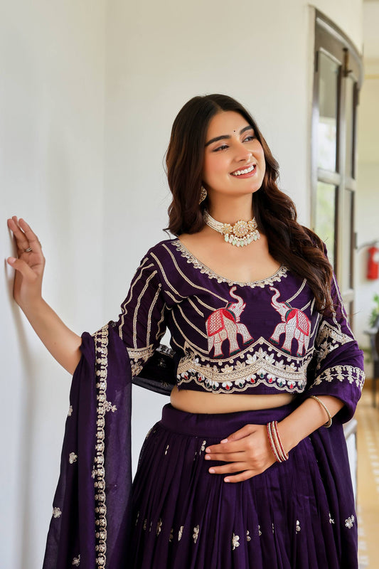 Designer Ethnic Elephant Motif Embroidered Lehenga Choli with Matching Dupatta Set