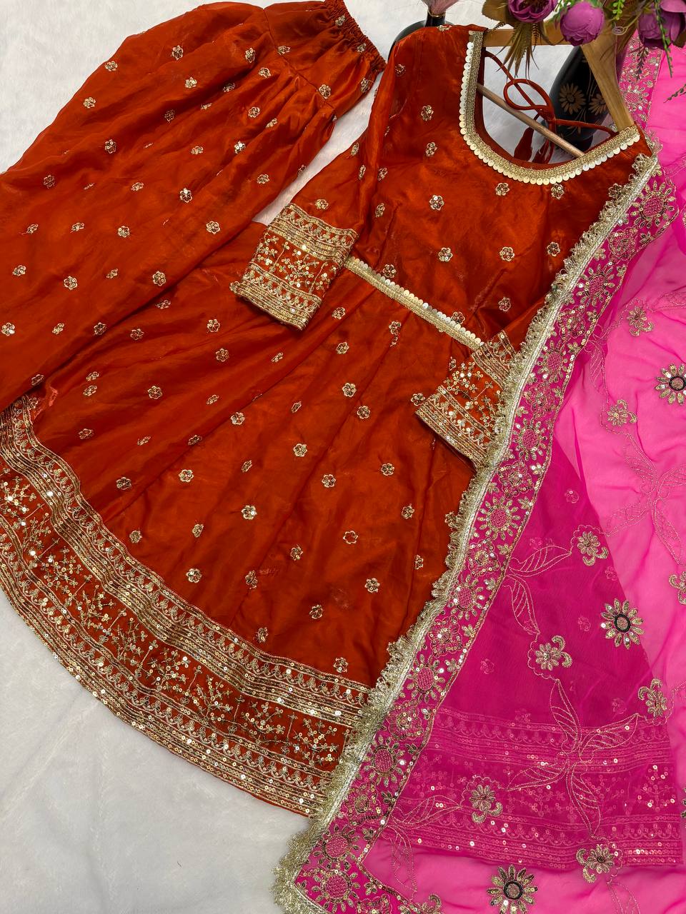 Premium Fandy Silk Flared Top & Farshi Salwar Set with 5mm Sequence Work