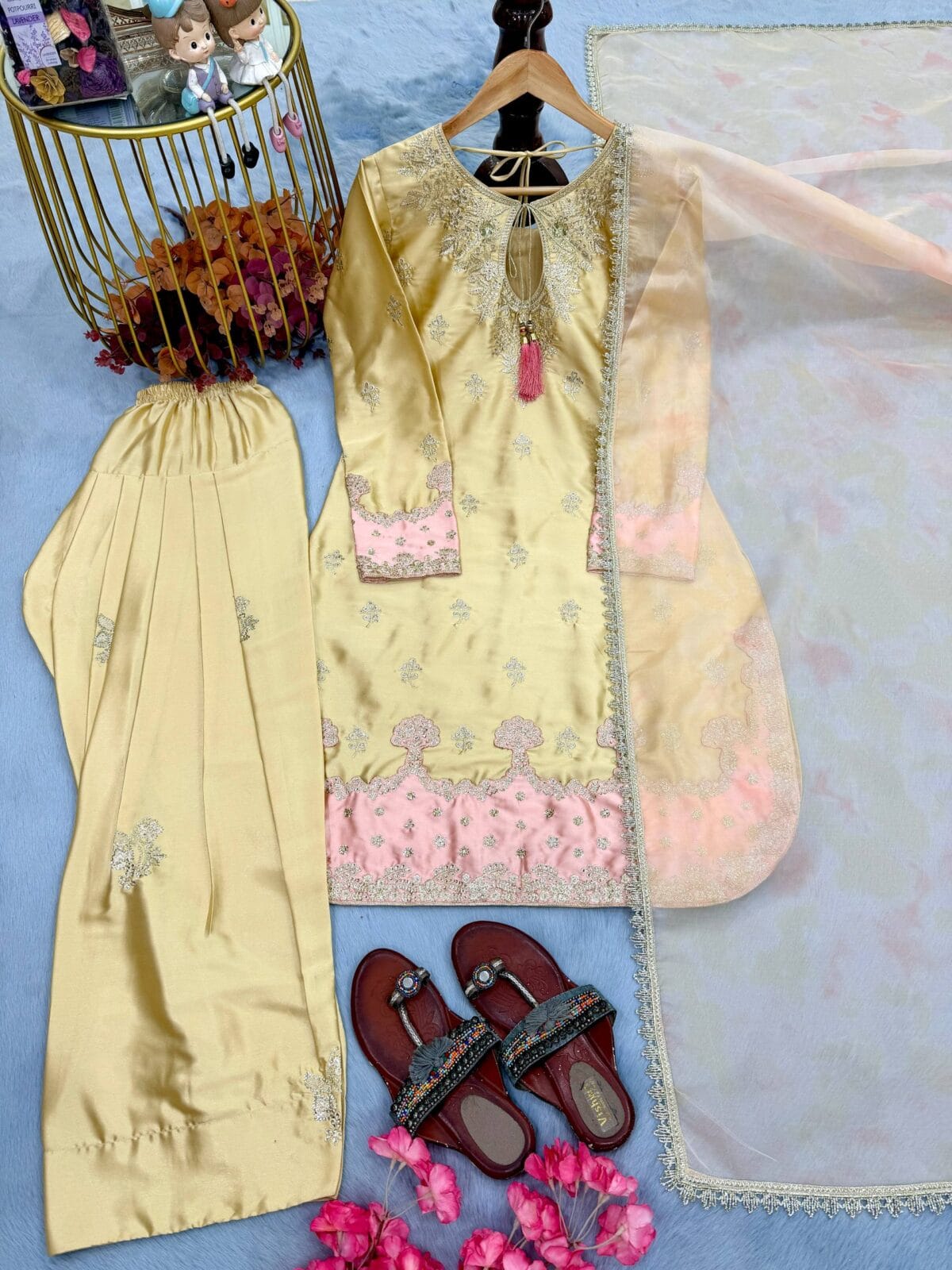 Designer Party Wear Japan Satin Top, Farshi Palazzo & Dupatta Set