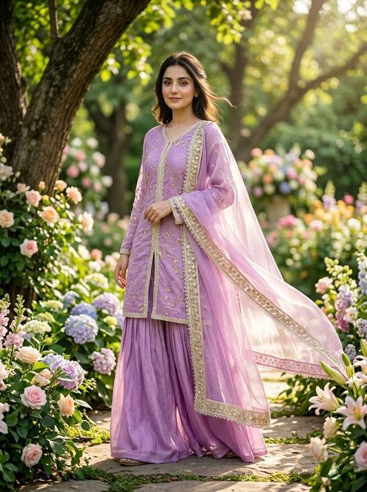 Designer Party Wear Fendi Silk Top, Plazzo & Dupatta Set