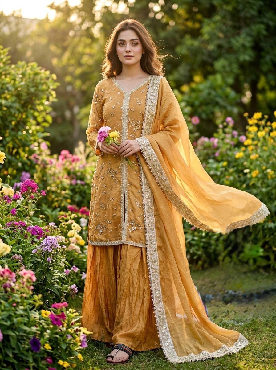 Designer Party Wear Fendi Silk Top, Plazzo & Dupatta Set
