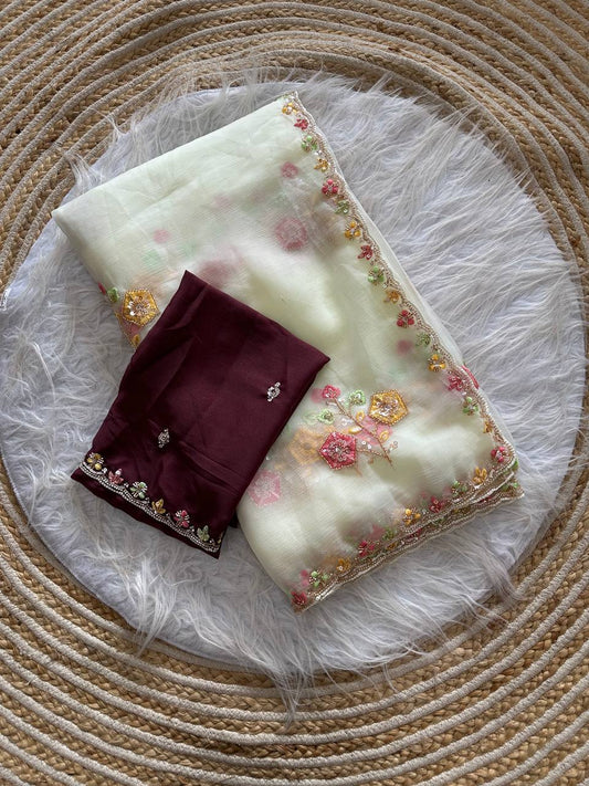 Premium Pure Soft Wari Chiffon Silk Saree with Heavy Cutdana & Sequence Embroidery and Aarco Multi-Borders
