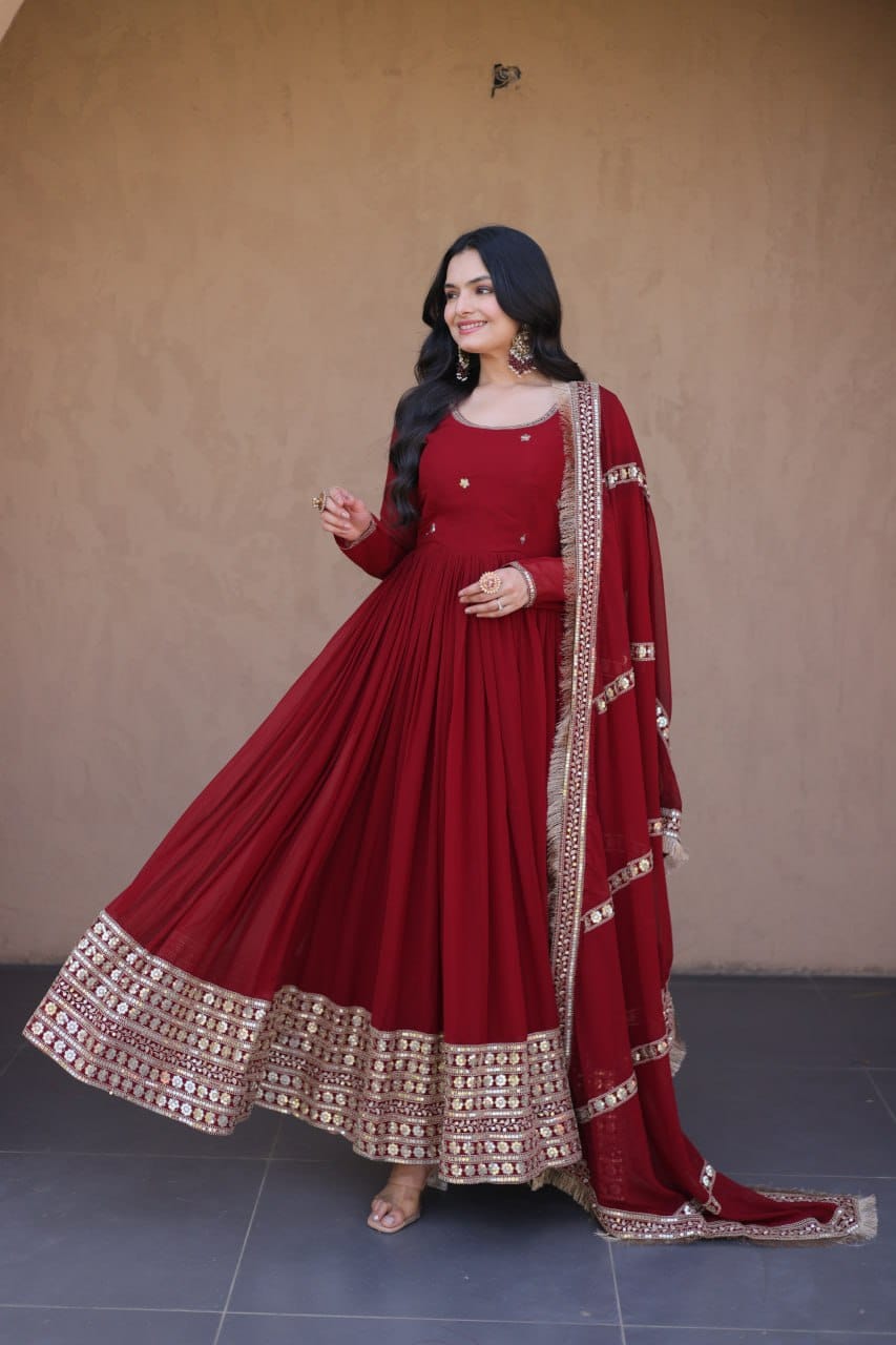 Rakshabandhan Special Premium Faux Blooming Embroidered Gown & Dupatta Set