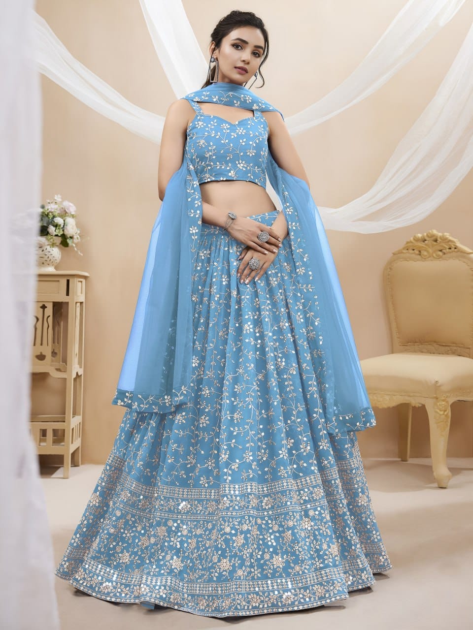Premium Olive Enchantment Floral Georgette Lehenga Choli with Can-Can Layering & Net Dupatta