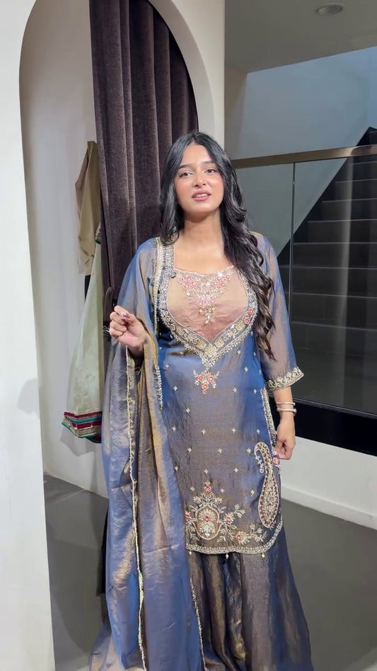 Blue Heavy Thread & Paisley Embroidery Sharara Suit Set