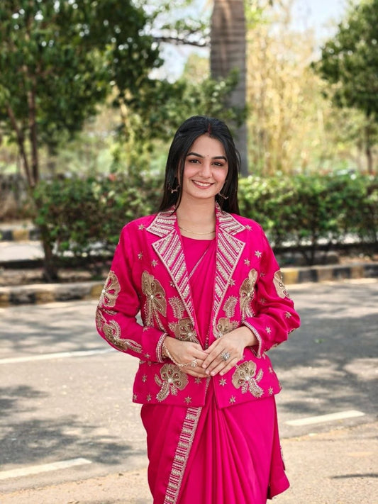 Indo-Western Party Wear Magenta Saree Outfit with Statement Blazer Shrug