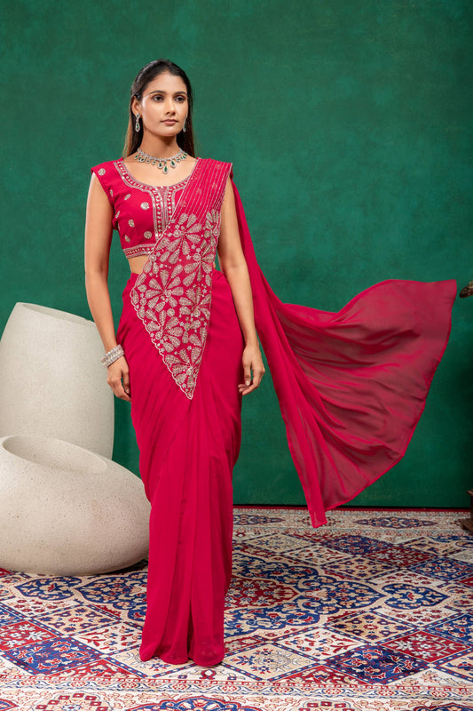 Exclusive Festive Saree Outfit Featuring Intricate Thread & Stone Embellishments