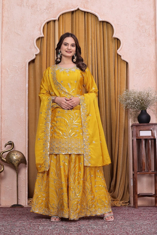 Designer Yellow Sharara Suit with Heavy Silver Embroidery and Dupatta