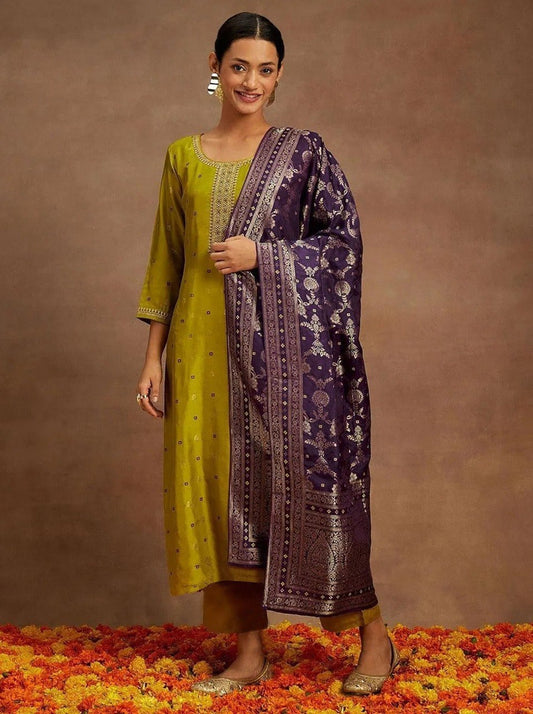 Olive Green Straight Kurta Set with Contrasting Purple Banarasi Woven Dupatta