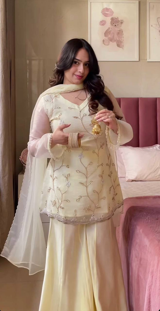 Designer Festive Wear Ethnic Short Kurta & Flared Palazzo Ensemble with Sheer Dupatta