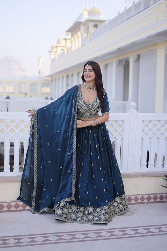 Royal Blue Heavy Embroidered Lehenga Choli Set with Zari Work & Matching Dupatta