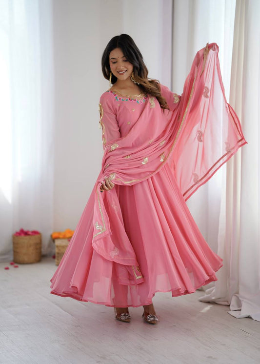 Designer Georgette Long Flared Anarkali Kurta with Dupatta Set Featuring Neck Embroidery