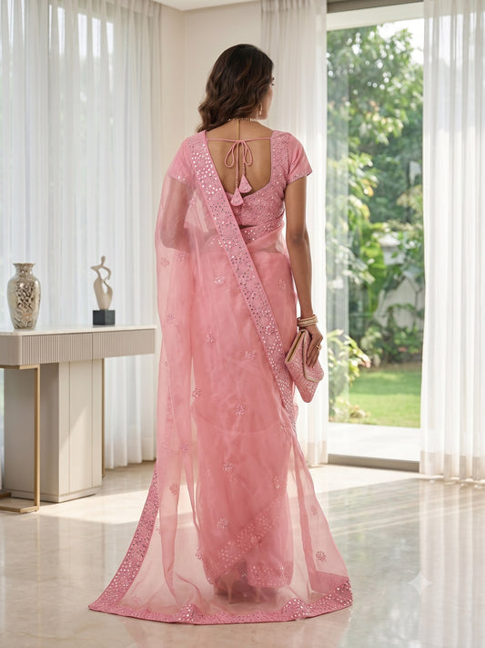 Designer Fancy Net Saree with Heavy Mirror Work & Sequence Embroidery with Matching Blouse Piece