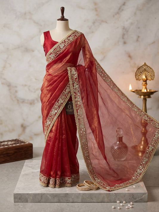 Designer Fancy Organza Saree with Heavy Zari, Mirror and Pearl Lace Border Work with Blouse Piece