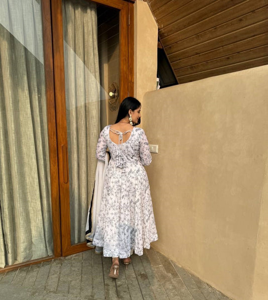 Designer Cotton Floral Printed Long Flared Anarkali Kurta with Pant and Dupatta Set