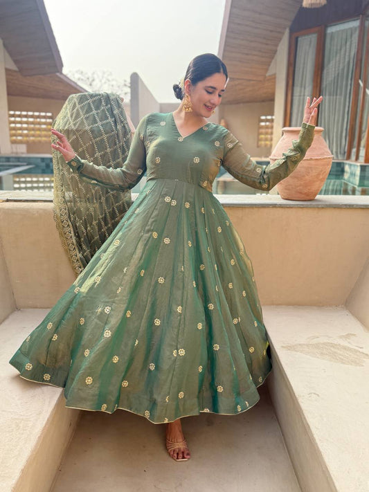 Designer Chanderi Silk Foil Print Long Flared Anarkali Kurta with Pant and Dupatta Set