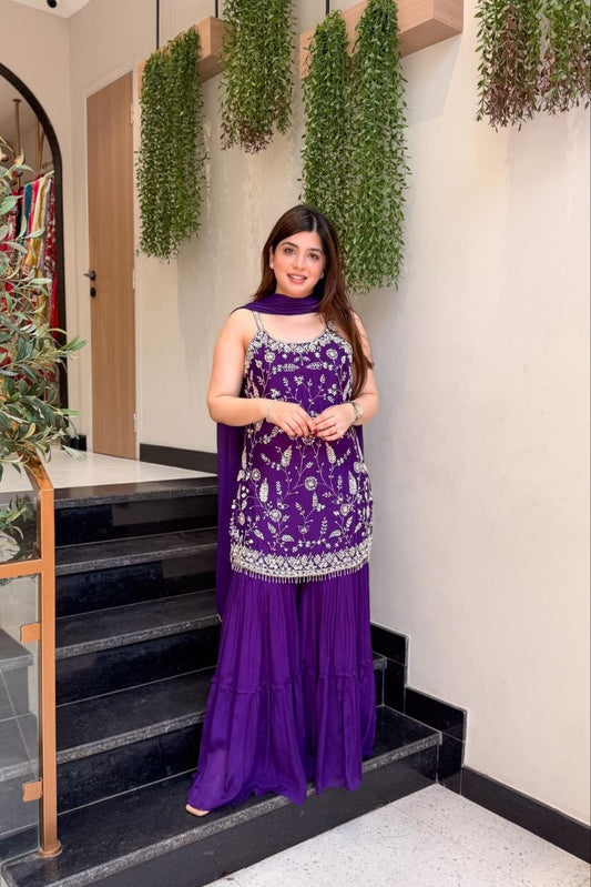 Royal Purple Sleeveless Kurti with Flared Sharara and Dupatta Set Featuring Silver Zari & Thread Embroidery