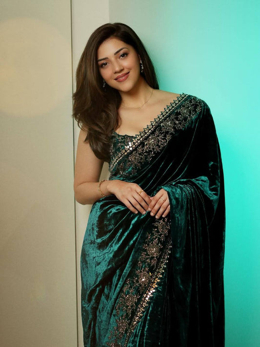 Designer Heavy Zari & Sequins Embroidered Velvet Saree with Unstitched Blouse