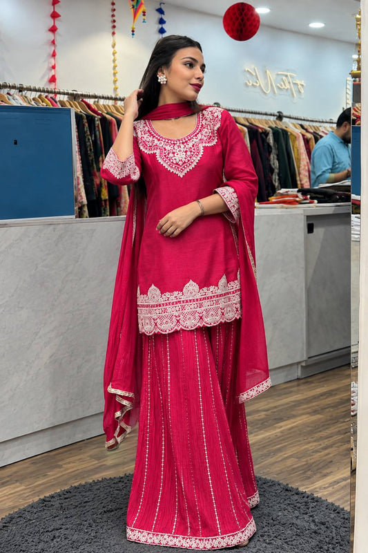 Designer Heavy White Thread Embroidered Short Kurti with Sharara and Dupatta Set