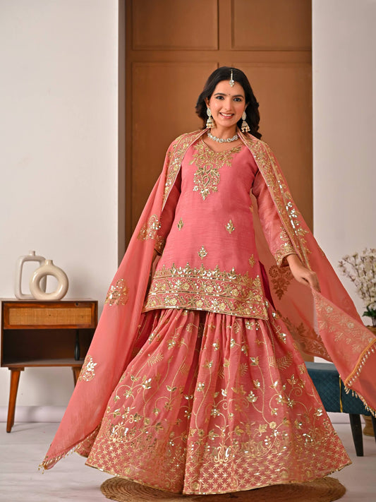 Designer Heavy Gold Zari & Sequins Embroidered Short Kurti with Sharara and Dupatta Set