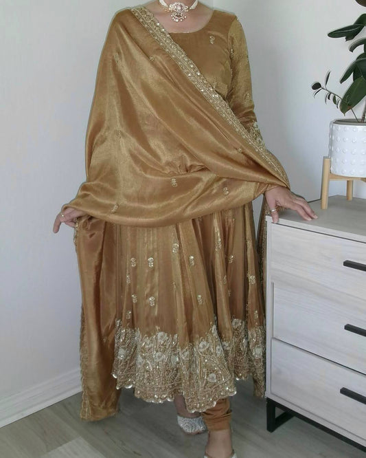 Designer Heavy Zari & Sequins Embroidered Flared Anarkali Gown with Churidar and Matching Dupatta Set