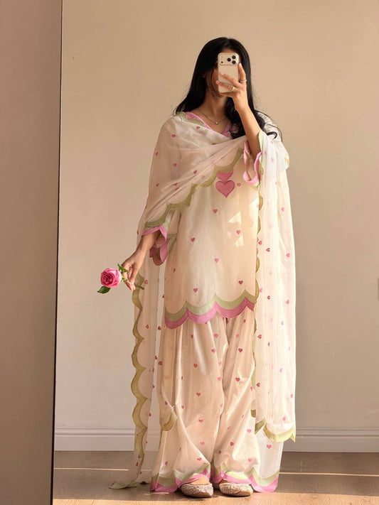 Designer Heart Motif Mal Chanderi Cotton Short Kurti with Scalloped Farshi Salwar and Dupatta Set