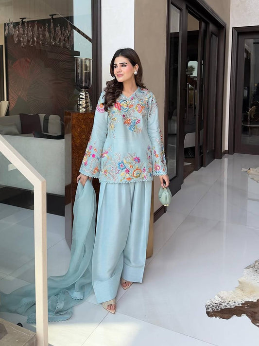 Designer Floral Thread & Zari Embroidered Short Kurti with Farshi Salwar and Dupatta Set