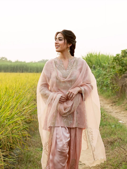 Đěsigner Party Wear Look Pur Roman Glass Satin Top & Farshi Palazzo With Dupatta set