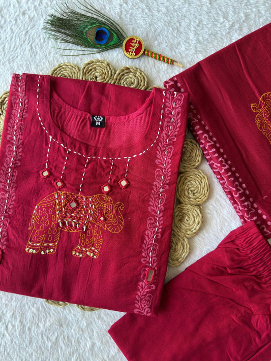 Pure Cotton A-Line Kurti Pant Set with Hand Block Mul Dupatta & Mirror Work