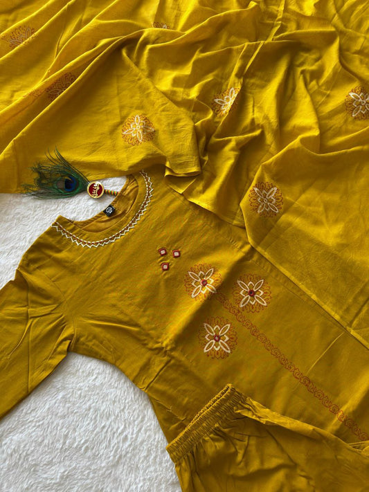 Pure Cotton Mustard A-Line Kurti Pant Set with Mirror Work