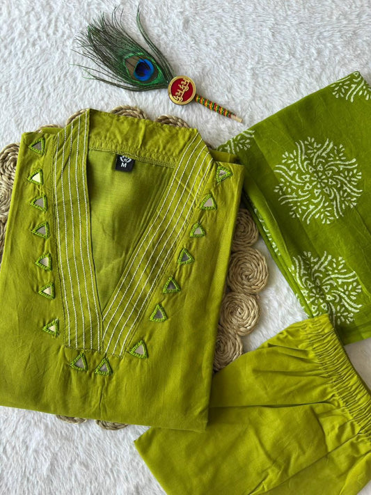 Pure Cotton Parrot Green A-Line Kurti Pant Set with Mirror Embroidery