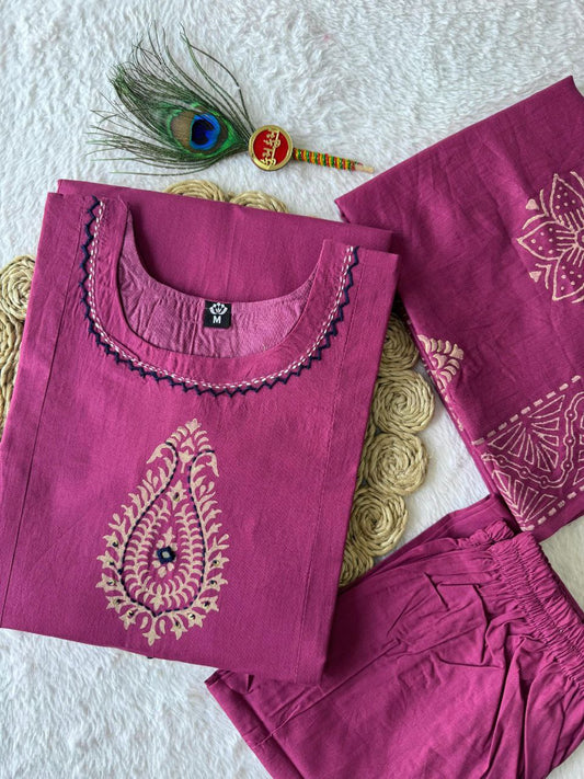 Pure Cotton Rouge A-Line Kurti Pant Set with Mirror Work & Block Print Dupatta