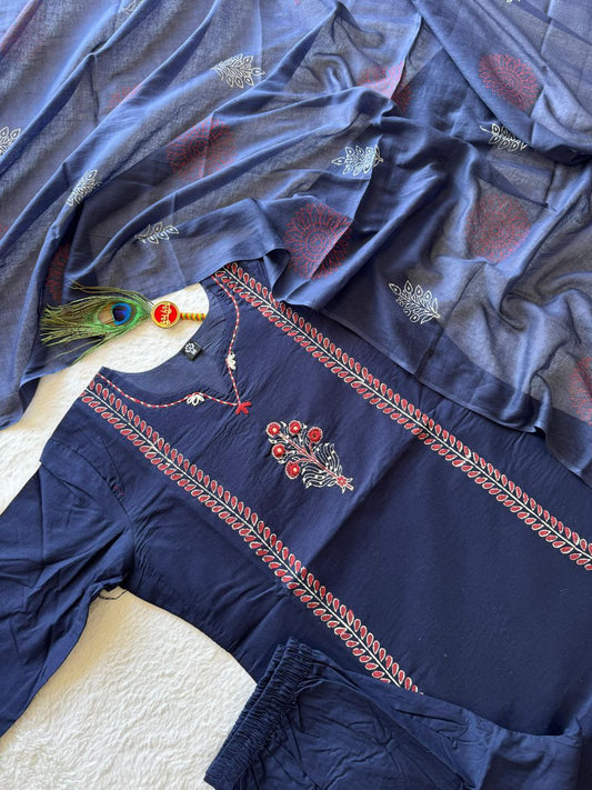 Pure Cotton Navy Blue A-Line Kurti Pant Set with Mirror Work & Block Print Dupatta
