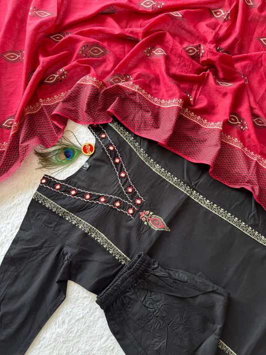 Pure Cotton Black A-Line Kurti Pant Set with Mirror Work & Block Print Dupatta