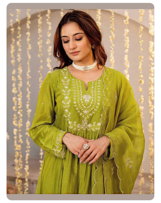 Premium Vichitra Silk parrot green colour Flared Kurta Set | Exquisite Embroidery with Designer Organza Dupatta