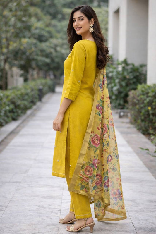 Premium Viscose Roman Silk yellow colour  Suit Set | Intricate Hand Embroidery & Organza Jacquard Zari Dupatta