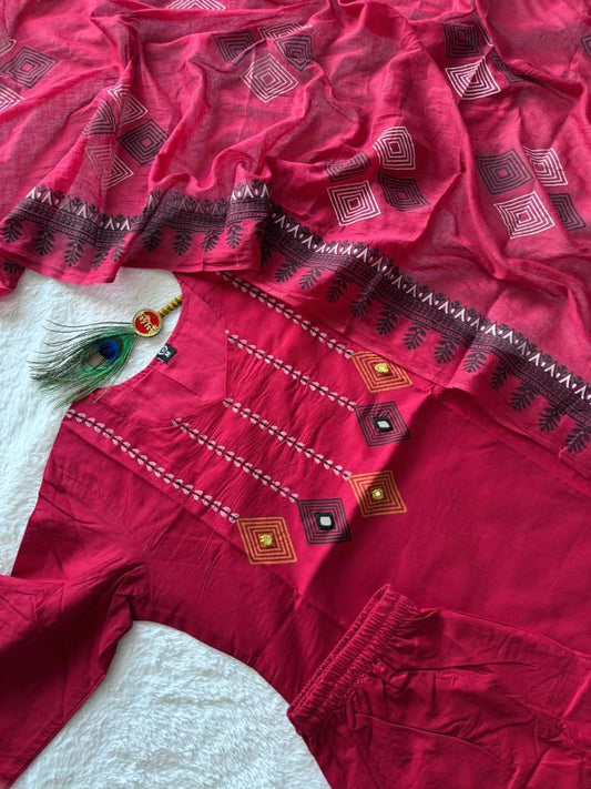 Pure Cotton Cherry Red Kurti Pant Set with Real Mirror Work & Hand Block Print