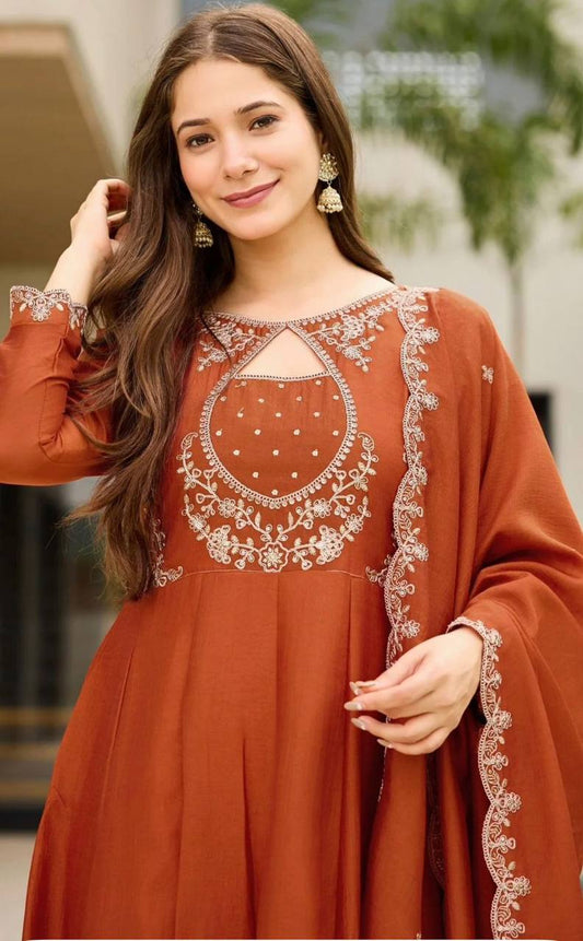 Regal Vichitra Silk Anarkali Suit Set | Intricate Cording Embroidery & Designer Cutwork Dupatta