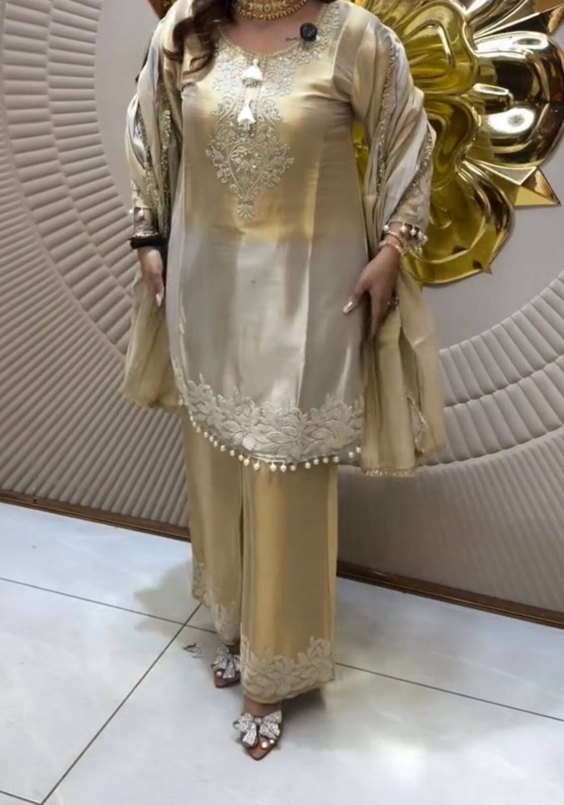 Party Wear Dual Tone Banarasi Silk Top, Palazzo & Dupatta Set