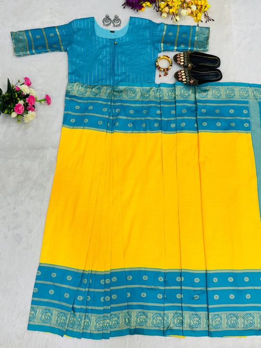Golden Radiance: Ready-to-Wear Mysore Silk Zip-and-Go Saree Gown with Jacquard Weave
