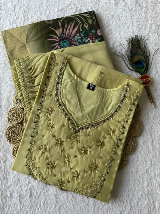 Designer Cardamom Green Mul Chanderi Kurti Set with Roman Silk Pants & Jacquard Dupatta