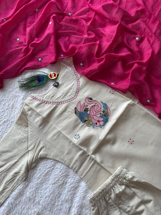 Pure Khadi Cotton Cream Kurti Pant Set with Embroidery & Mul Dupatta