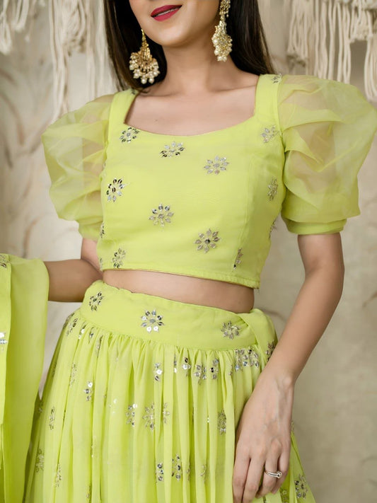 Lime Green Sequins Embroidered Lehenga with Puff Sleeve Blouse & Dupatta