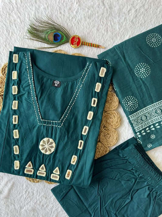 Pure Cotton Peacock Blue A-Line Kurti Pant Set with Mirror Work & Block Print Dupatta