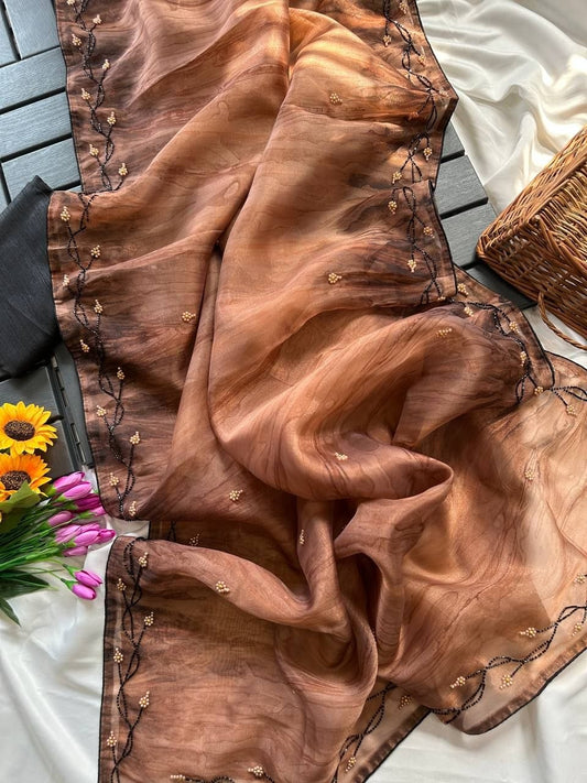Premium Pure Organza Handwork Saree with Pearl Embellishments & Unstitched Black Raw Silk Blouse